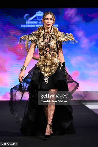 Model walks the runway for Chavez at the House of iKons show during London Fashion Week February on February 18, 2023 in London, England.