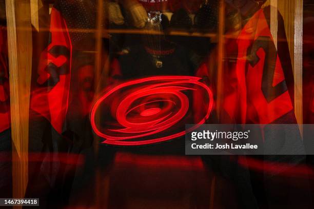 General view inside the Carolina Hurricanes locker room prior to the 2023 Navy Federal Credit Union NHL Stadium Series game between the Carolina...