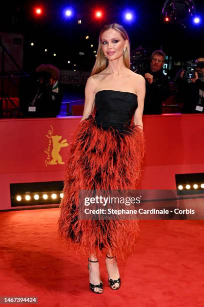 Georgina Chapman arrive at the "Manodrome" premiere during the 73rd Berlinale International Film Festival Berlin at Berlinale Palast on February 18,...