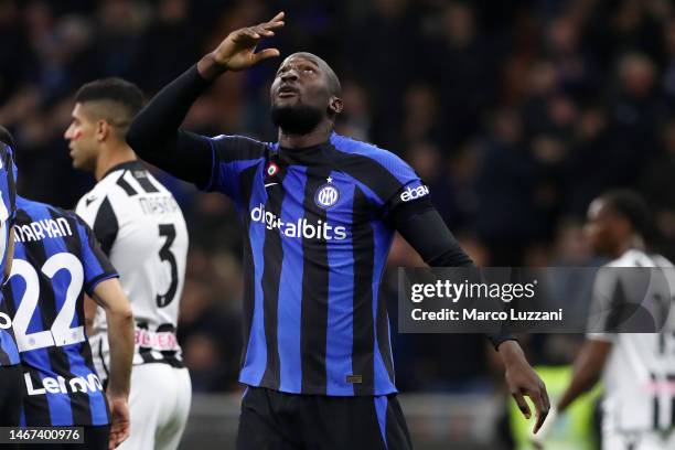 Romelu Lukaku of FC Internazionale celebrates after scoring the team's first goal from a penalty kick during the Serie A match between FC...