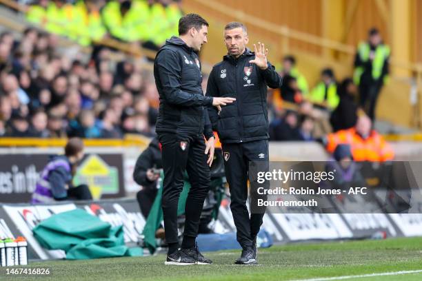 First Team Coach Tommy Elphick with Head Coach Gary O'Neil of Bournemouth during the Premier League match between Wolverhampton Wanderers and AFC...