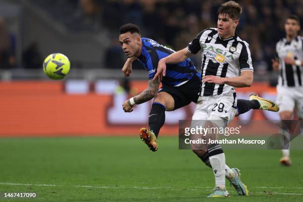Lautaro Martinez of FC Internazionale scores to give the side a 3-1 lead during the Serie A match between FC Internazionale and Udinese Calcio at...