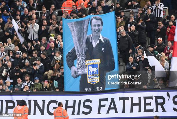 Newcastle United fans unveil a tifo of Sir Bobby Robson, in Ipswich Town days on what would have been his 90th birthday prior to the Premier League...