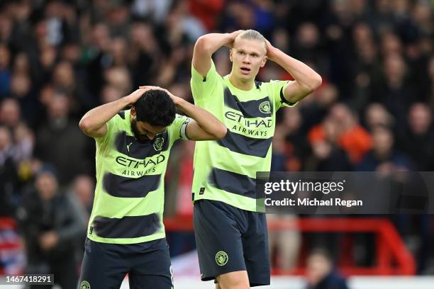 Ilkay Guendogan reacts after Erling Haaland of Manchester City misses an opportunity on goal during the Premier League match between Nottingham...