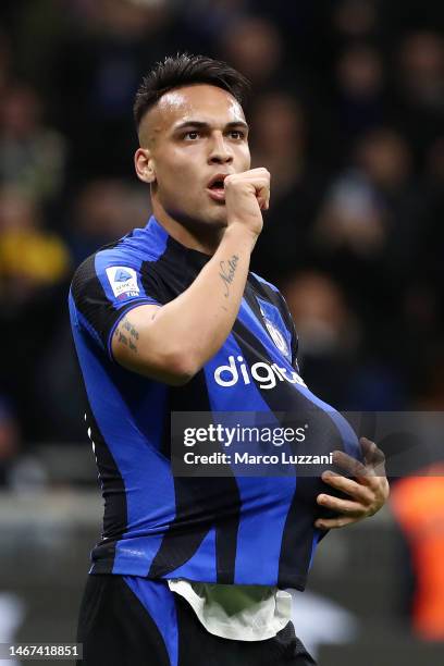 Lautaro Martinez of FC Internazionale celebrates after scoring the team's third goal during the Serie A match between FC Internazionale and Udinese...