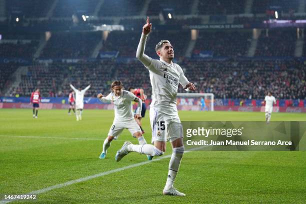 Federico Valverde of Real Madrid celebrates after scoring the team's first goal during the LaLiga Santander match between CA Osasuna and Real Madrid...