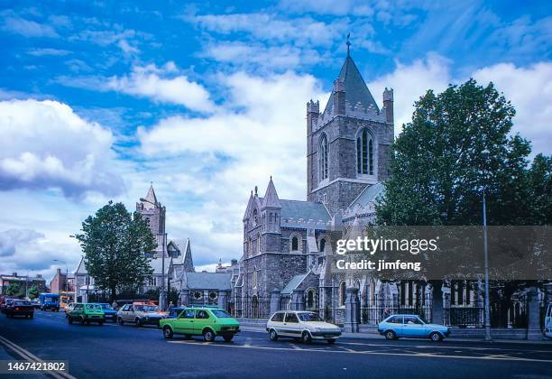 1980s old positive film scanned, exterior view of st. patrick's cathedral, dublin, ireland - st patrick's day dublin stock pictures, royalty-free photos & images