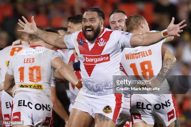 Konrad Hurrell of the Saints celebrates winning the World Club Challenge and NRL Trial Match between the Penrith Panthers and St Helens at BlueBet...