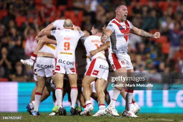 Curtis Sironen of the Saints celebrates winning the World Club Challenge and NRL Trial Match between the Penrith Panthers and St Helens at BlueBet...