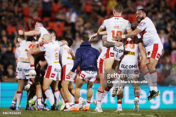 St Helens celebrate winning the World Club Challenge and NRL Trial Match between the Penrith Panthers and St Helens at BlueBet Stadium on February...