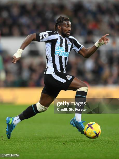 Newcastle player Allan Saint-Maximin in action during the Premier League match between Newcastle United and Liverpool FC at St. James Park on...