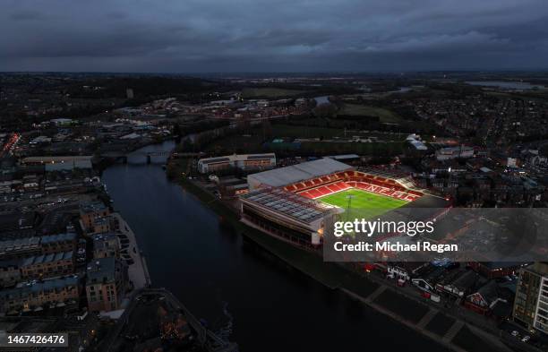 An aerial view of the City Ground after the Premier League match between Nottingham Forest and Manchester City at City Ground on February 18, 2023 in...