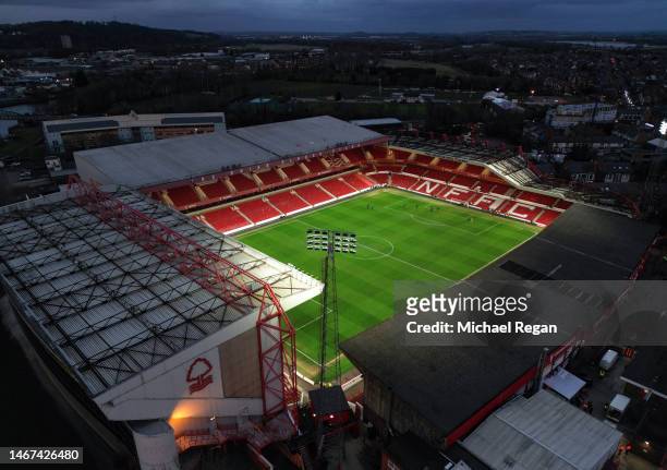 An aerial view of the City Ground after the Premier League match between Nottingham Forest and Manchester City at City Ground on February 18, 2023 in...