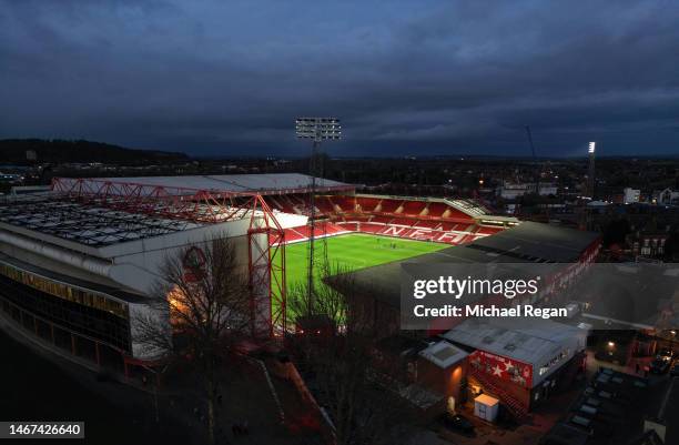 An aerial view of the City Ground after the Premier League match between Nottingham Forest and Manchester City at City Ground on February 18, 2023 in...