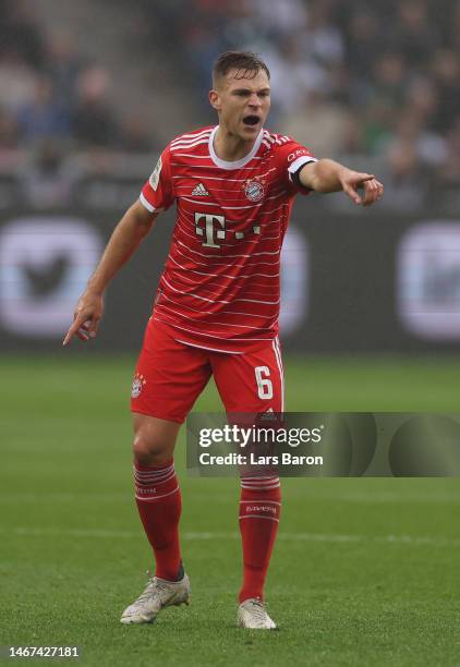 Joshua Kimmich of Muenchen gestures during the Bundesliga match between Borussia Mönchengladbach and FC Bayern München at Borussia-Park on February...