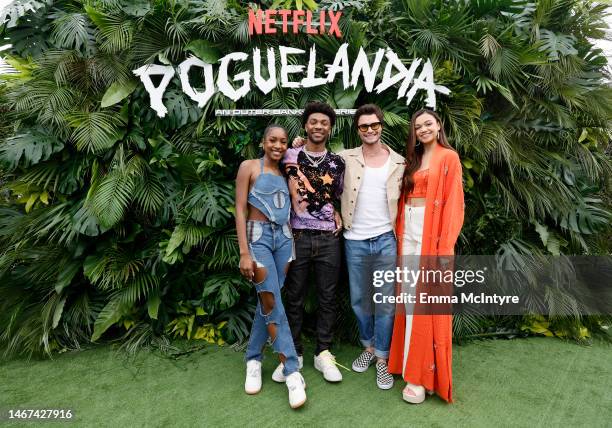 Carlacia Grant, Jonathan Daviss, Chase Stokes, and Madison Bailey attend Poguelandia: An Outer Banks Experience on February 18, 2023 in Huntington...