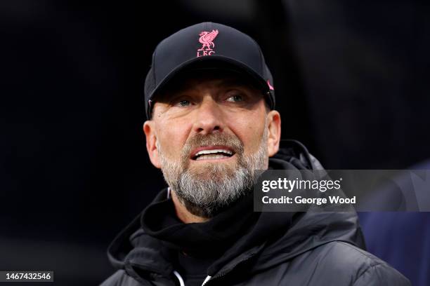 Juergen Klopp, Manager of Liverpool, looks on prior to the Premier League match between Newcastle United and Liverpool FC at St. James Park on...