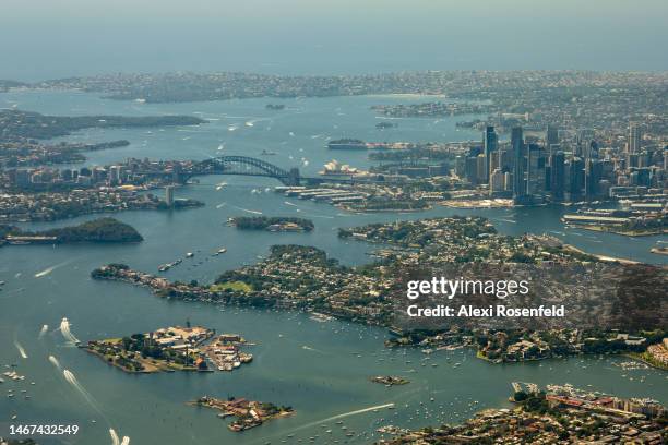 An aerial view of the Sydney skyline with the Sydney Harbour Bridge and Sydney Opera House on February 18, 2023 in Sydney, Australia. The Sydney...