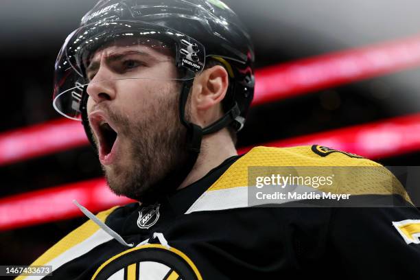 Jake DeBrusk of the Boston Bruins celebrates after scoring a goal against the New York Islanders during the first period at TD Garden on February 18,...