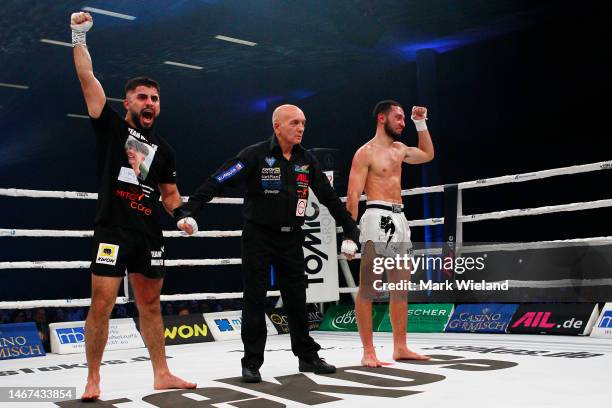 Oscar Plasene of Germany celebrates winning his fight against Domenico Lomurno of Italy during Steko's Fight Night In Munich at Kleine Olympiahalle...