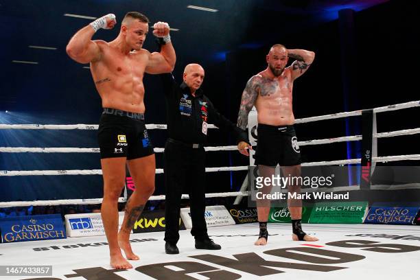 Leon Gavanas of Germany celebrates after winning his fight against Janik Kamil of Poland during Steko's Fight Night In Munich at Kleine Olympiahalle...