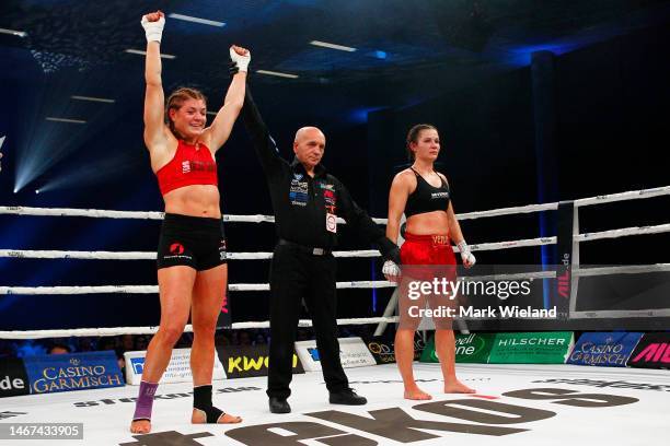 Michaela Michi of Germany celebrates winning her fight against Deborah Melhorn of Germany during Steko's Fight Night In Munich at Kleine Olympiahalle...