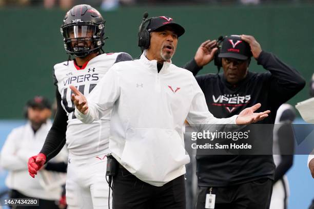 Head coach Rod Woodson of the Vegas Vipers gestures on the sideline during the second half against the Arlington Renegades at Choctaw Stadium on...