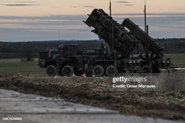 Patriot launchers modules mounted on M983 HEMTT part of the US made MIM-104 Patriot surface-to-air missile system are pictured on a open field on...