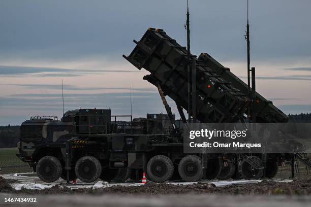 Patriot launchers modules mounted on M983 HEMTT part of the US made MIM-104 Patriot surface-to-air missile system are pictured on a open field on...