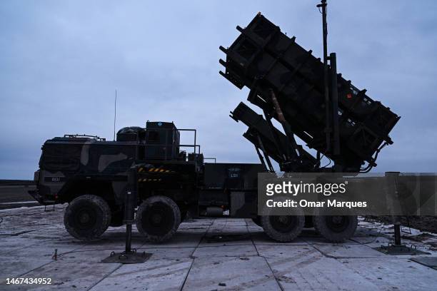 Patriot launchers modules mounted on M983 HEMTT part of the US made MIM-104 Patriot surface-to-air missile system are pictured on a open field on...