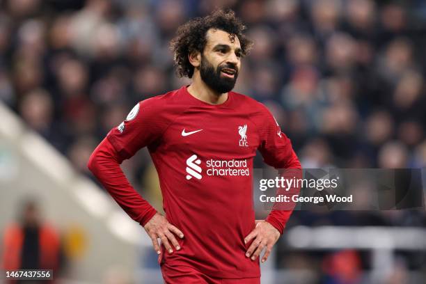 Mohamed Salah of Liverpool looks on during the Premier League match between Newcastle United and Liverpool FC at St. James Park on February 18, 2023...