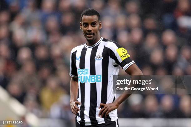 Alexander Isak of Newcastle United reacts during the Premier League match between Newcastle United and Liverpool FC at St. James Park on February 18,...