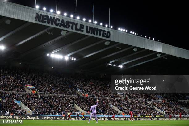 No room for racisim branding is seen on the LED boards during the Premier League match between Newcastle United and Liverpool FC at St. James Park on...