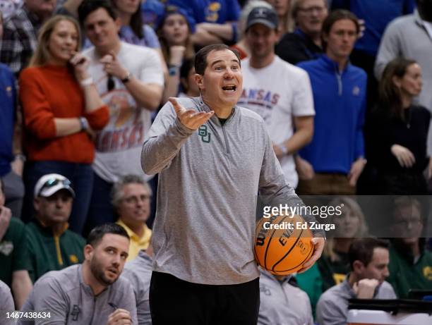 Head coach Scott Drew of the Baylor Bears reacts after a foul call on his team against the Kansas Jayhawks in the second half of the game at Allen...