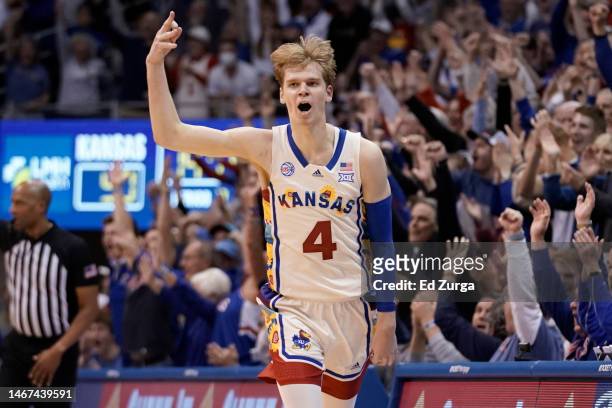 Gradey Dick of the Kansas Jayhawks celebrates a basket against the Baylor Bears in the second half of the game at Allen Fieldhouse on February 18,...