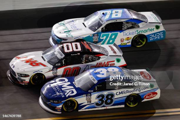 Ryan Sieg, driver of the CMRroofing.com Ford, Cole Custer, driver of the Haas Automation Ford, and Anthony Alfredo, driver of the Ticket Smarter...