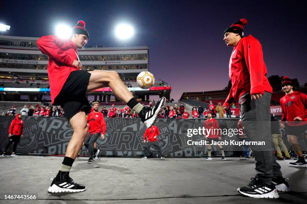 Brady Skjei and Teuvo Teravainen of the Carolina Hurricanes warm up prior to playing the Washington Capitals in the 2023 Navy Federal Credit Union...