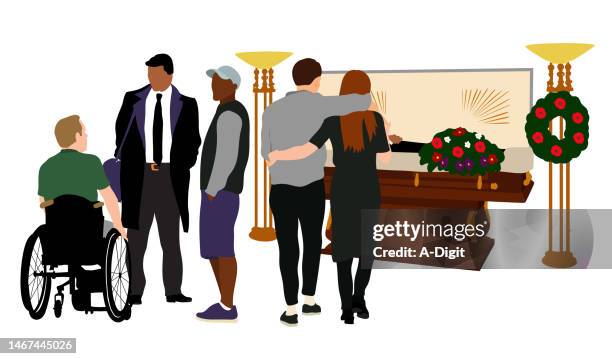ilustraciones, imágenes clip art, dibujos animados e iconos de stock de soldados abren ataúd pequeña multitud - funeral