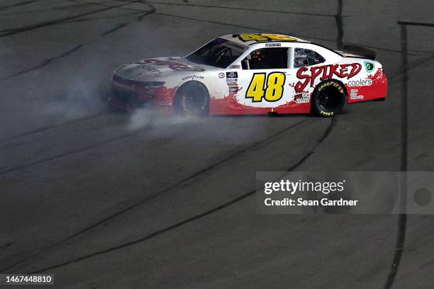 Parker Kligerman, driver of the Big Machine Racing Spiked Chevrolet, spins after an on-track incident during the NASCAR Xfinity Series Beef. It's...