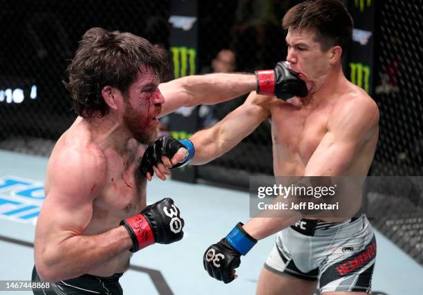 Jim Miller punches Alexander Hernandez in a lightweight fight during the UFC Fight Night event at UFC APEX on February 18, 2023 in Las Vegas, Nevada.