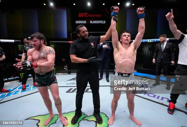Alexander Hernandez reacts after his victory over Jim Miller in a lightweight fight during the UFC Fight Night event at UFC APEX on February 18, 2023...