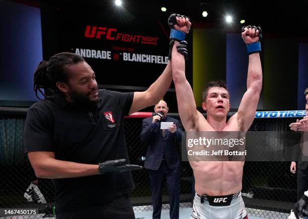 Alexander Hernandez reacts after his victory over Jim Miller in a lightweight fight during the UFC Fight Night event at UFC APEX on February 18, 2023...