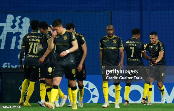 Juan Delgado of FC Pacos de Ferreira celebrates with teammate Nigel Thomas of FC Pacos de Ferreira after scoring a goal during the Liga Bwin match...