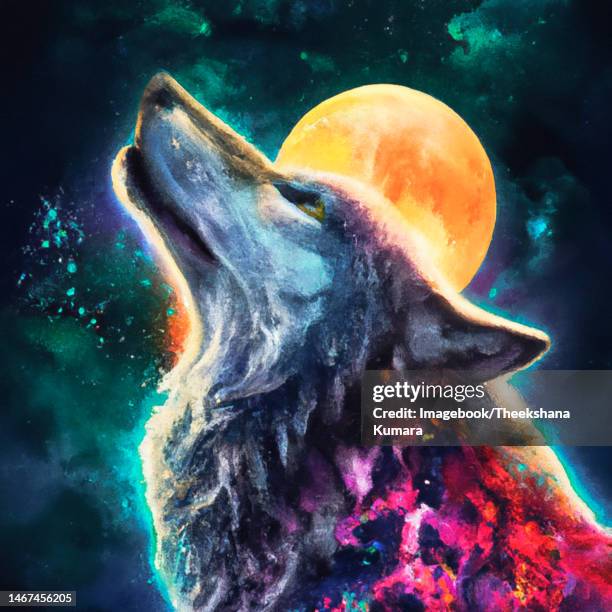 howling wolf with moon light - digital illustration - wolf moon stock-fotos und bilder