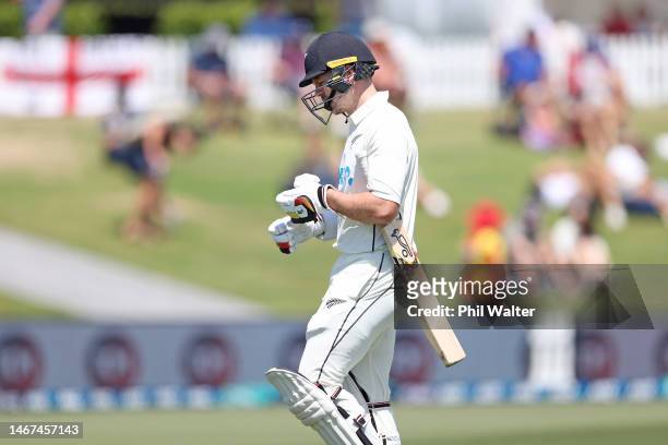 Michael Bracewell of New Zealand leaves the field dismissed off the bowling of Jack Leach of England during day four of the First Test match in the...