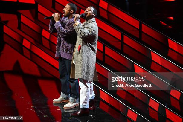 Actors Michael B. Jordan and Jonathan Majors perform prior to the 2023 NBA All Star KIA Skills Challenge at Vivint Arena on February 18, 2023 in Salt...