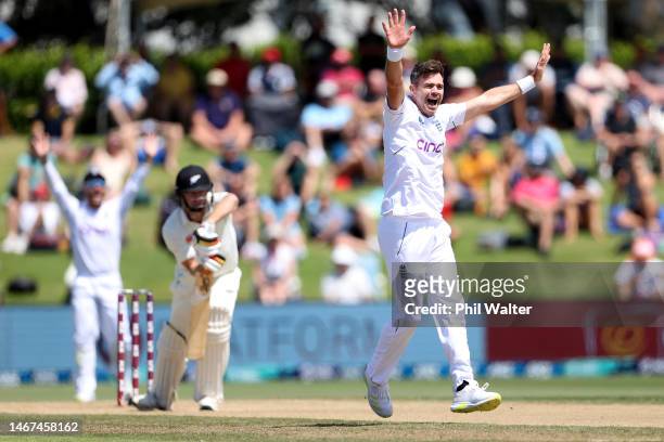 James Anderson of England successfully appeals for the LBW of Scott Kuggeleijn of New Zealand during day four of the First Test match in the series...