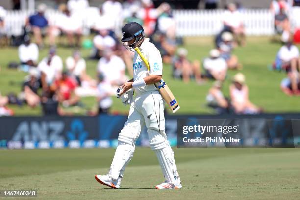 Tim Southee of New Zealand leaves the field dismissed by James Anderson of England during day four of the First Test match in the series between New...