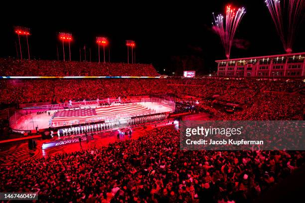 General view during the national anthem prior to a game between the Washington Capitals and Carolina Hurricanes in the 2023 Navy Federal Credit Union...