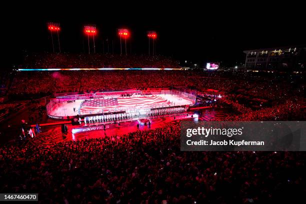 General view during the national anthem prior to a game between the Washington Capitals and Carolina Hurricanes in the 2023 Navy Federal Credit Union...